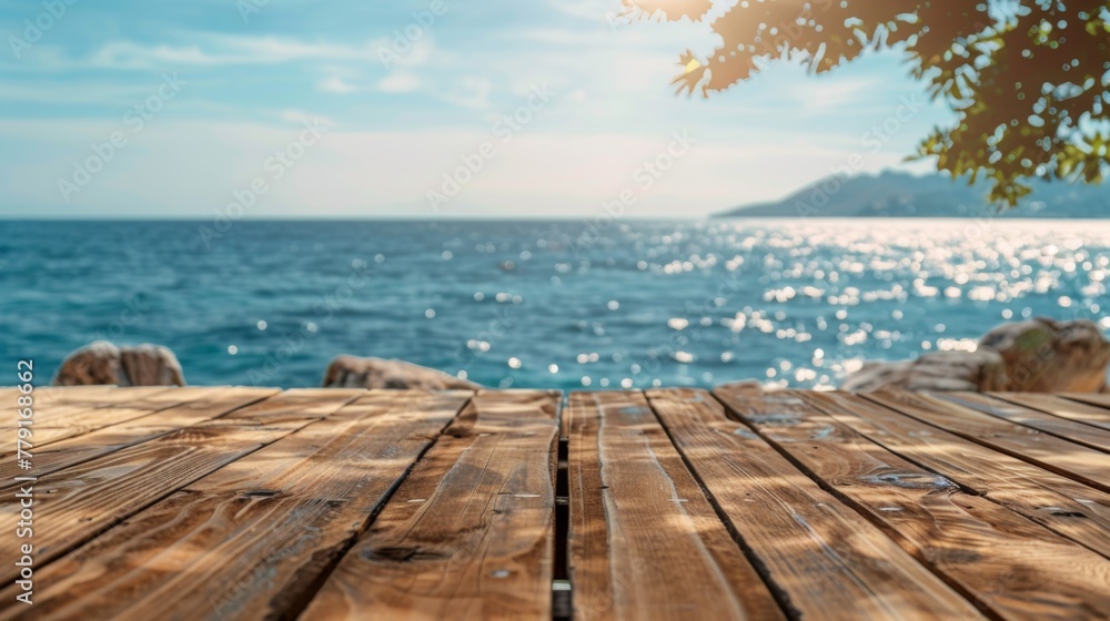 Fototapeta premium Sea shore beach summer vacation with wooden table shelf background concept