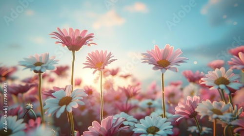 pink and white daisies in a field  blue sky above. Happy vibes