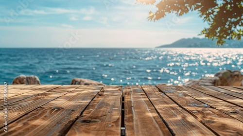 Sea shore beach summer vacation with wooden table shelf background concept