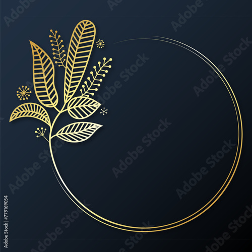 Golden round elegant frame with plant leaf silhouettes
