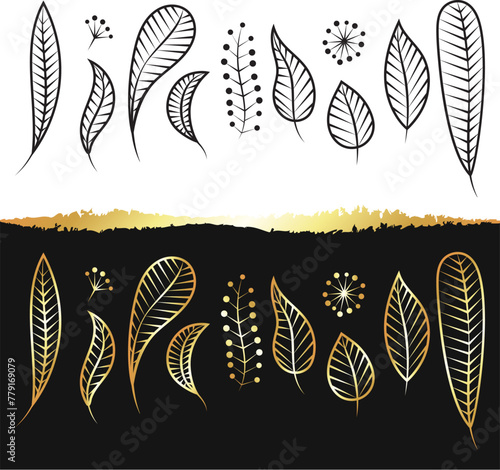Set of golden and black plant leaf silhouettes elements