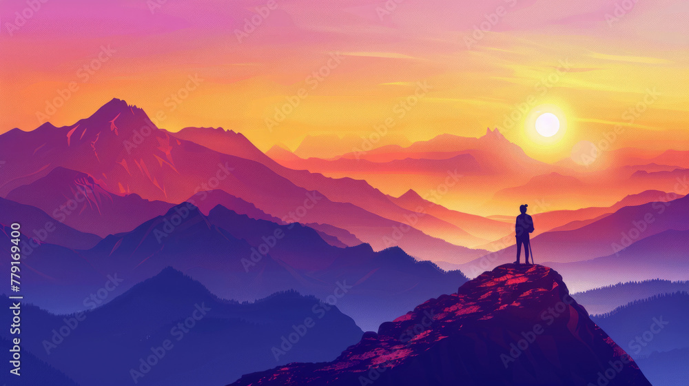 Traveler's Adventure: Majestic Mountain Landscape with Silhouette of Active Person Hiking to the Top of a Hill at Sunrise