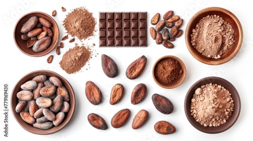 Chocolate ingredients, cocoa pods, cocoa beans, chocolate mass, cocoa powder, chocolate bars.