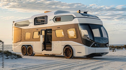 White and Brown RV Parked in Snow photo