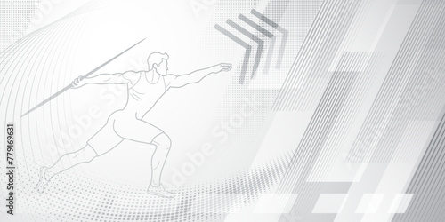 Javelin thrower themed background in gray tones with abstract lines and dots, with sport symbols such as a male athlete