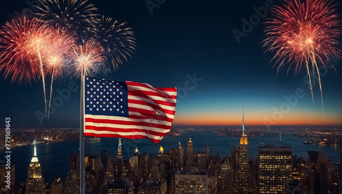American flag in New York background, night