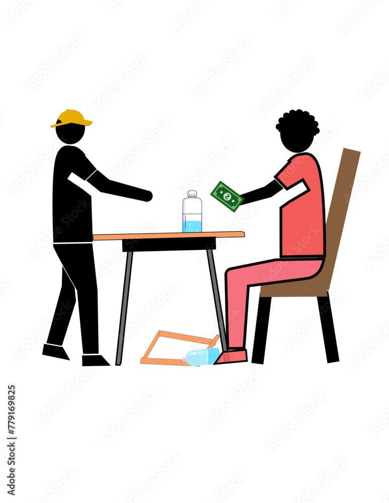 A man is sitting at a table, he's giving money to the waiter man