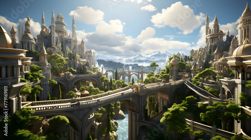 Fantasy landscape with fairytale castle and bridge. 3D rendering