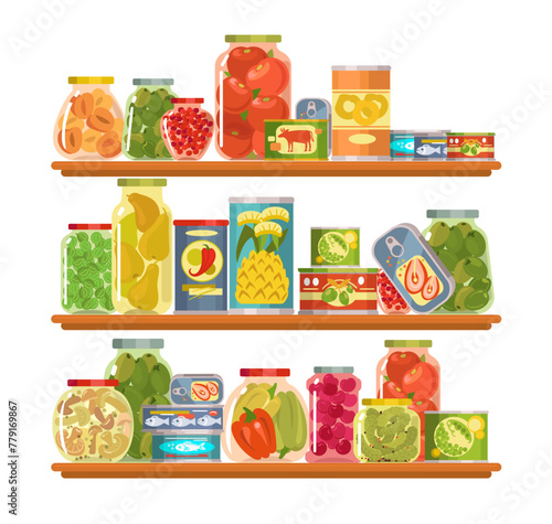 Shelves with preserved food. Canned products. Conserved vegetables and fruits. Fish and meat cans. Glass jars with jams and pickles. Homemade marinated cucumbers. Splendid vector concept