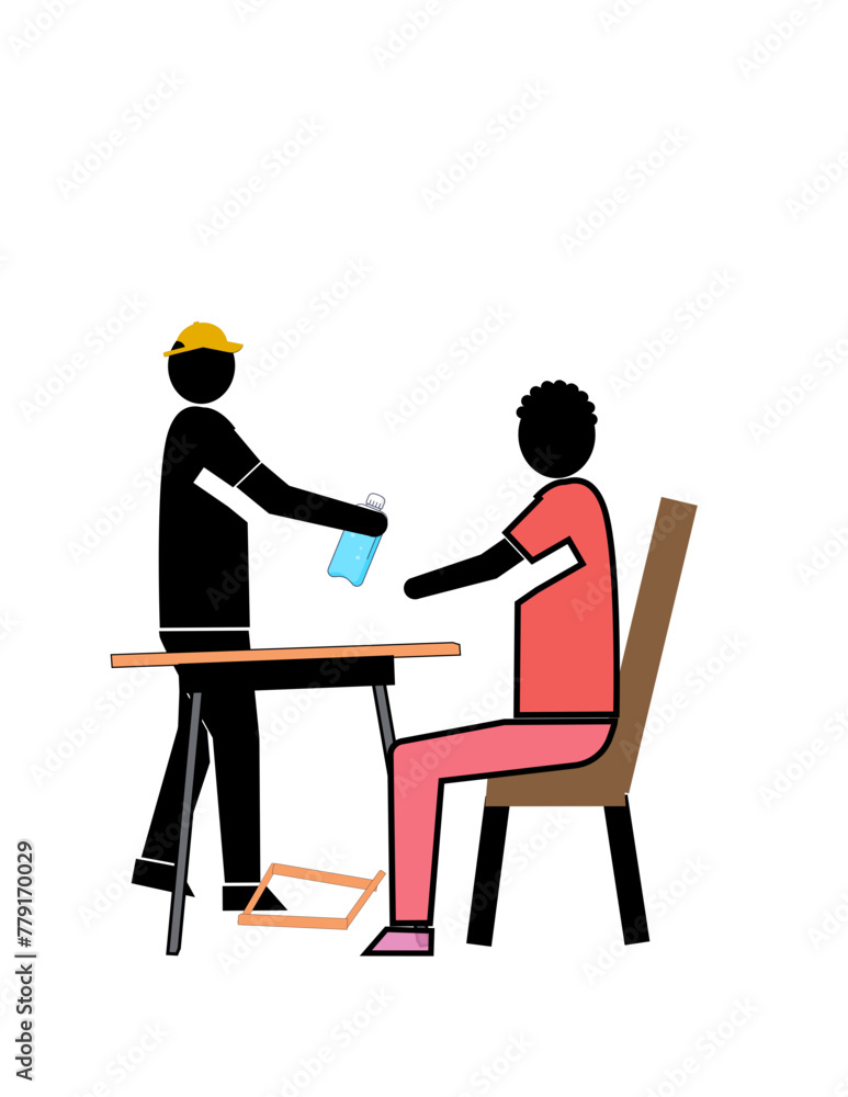 A man in a red shirt is sitting in a chair at a table A man in a red shirt is sitting in a chair at a table