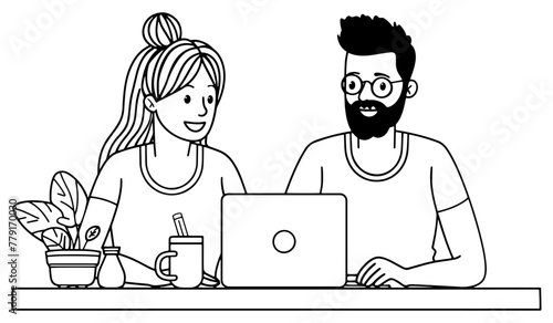 Pareja joven trabajando con sus portátiles