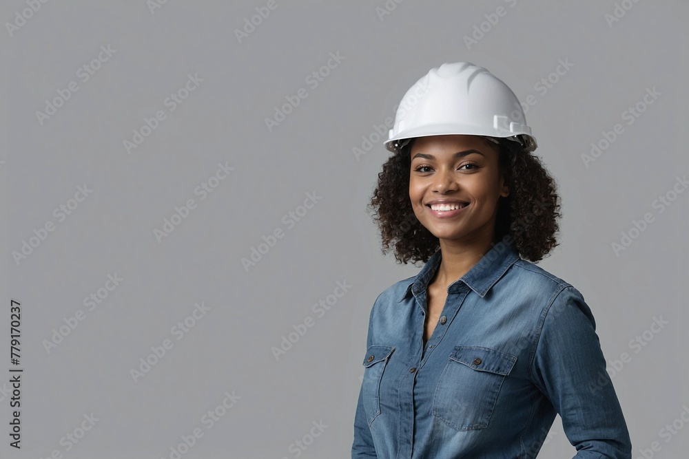 African American female individual with smile on face near empty space on grey background, young handsome female engineer wearing shirt and jeans, wearing a construction helmet. African American female individual with smile on face near empty space on grey background, young handsome female engineer wearing shirt and jeans, wearing a construction helmet.