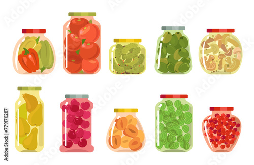 Glass jars with preserved vegetables. Compotes and pickles. Winter food preparation. Homemade sweet berry jams. Marinated cucumbers or tomatoes. Kitchen containers. Splendid vector set