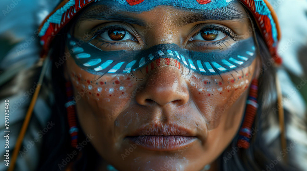 Close up of Indigenous person with traditional face paint and headdress. Close up of Indigenous person with traditional face paint and headdress.