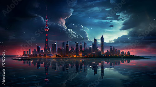 Futuristic city on the background of the night sky with clouds