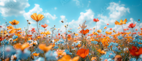 A vibrant field of wildflowers with a clear blue sky
