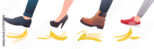 Feet step on banana peel. People slip up on fruit peelings. Organic garbage. Boots and shoes slipping on husks. Misstep accident. Falling man and woman. Traumatic situations vector set