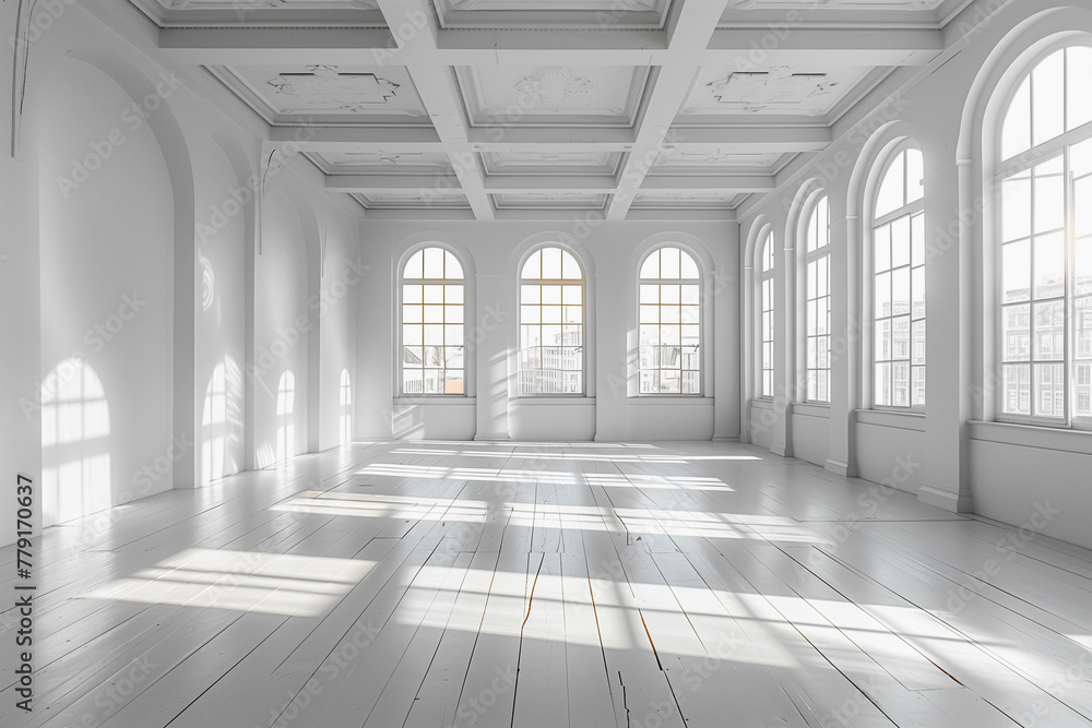 A minimalist white studio space with large windows and white wooden floor