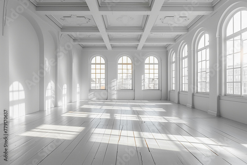 A minimalist white studio space with large windows and white wooden floor © Irina