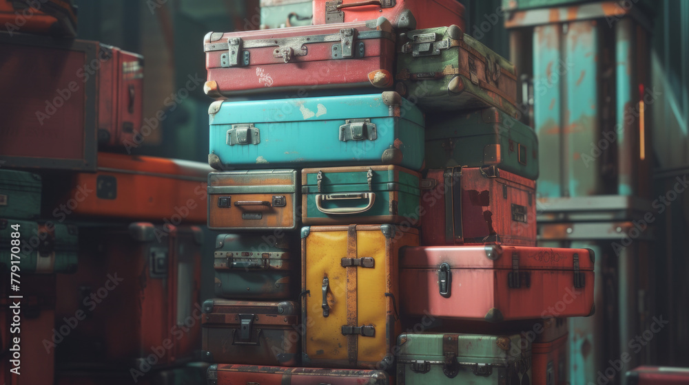 A stack of colorful, mismatched vintage suitcases in various sizes