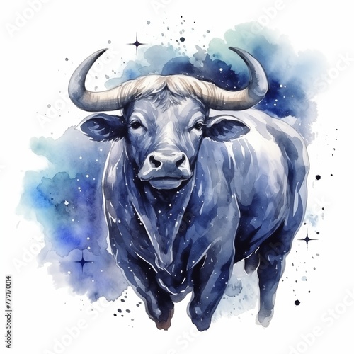 Astrology sign Taurus. Starry sky, zodiac sign Taurus. The color is blue, watercolor illustration.