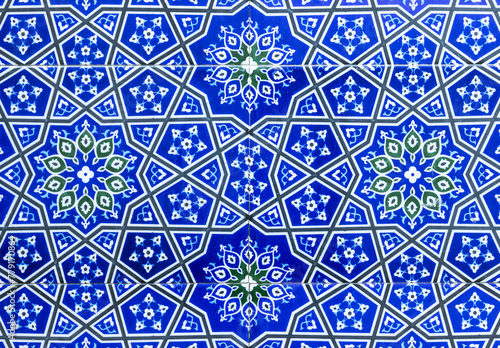 Ancient wall decoration, blue tiles with Arabic geometric pattern