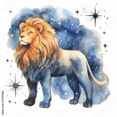 Astrology sign of the Lion. The color is blue, watercolor illustration. Starry sky, zodiac sign Lion