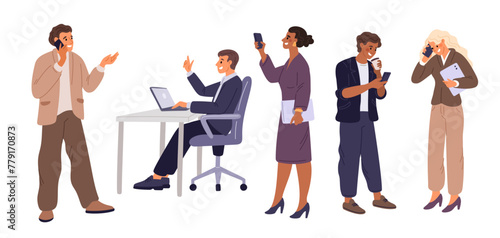 Business people use gadgets. Office staff characters with phones or digital tablets. Businessman in formal suits. Employees work at laptops. Mobile communication. Garish vector set