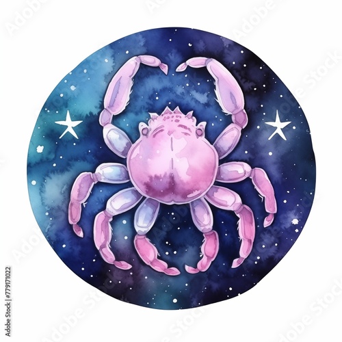 The astrological sign of Cancer. The color is blue, watercolor illustration. Starry sky, zodiac sign Cancer
