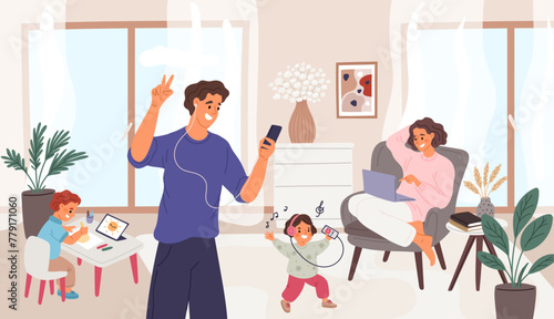 Advanced family using gadgets. Happy children and parents listen to music at home. People draw or communicate on social networks. Modern mobile devices users. Garish vector concept © VectorBum