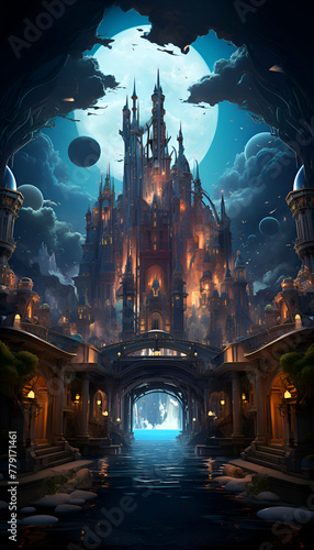 Magic castle in the night. Fantasy landscape. 3D illustration.