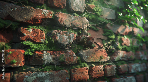 A close-up of a cracked, weathered brick wall with moss growing between the cracks