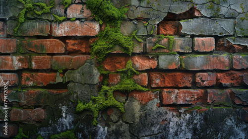 A close-up of a cracked  weathered brick wall with moss growing between the cracks