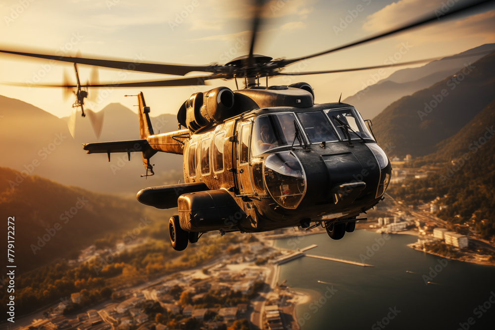 Combat helicopter in the sky. Air force recruitment. Air Force. Subjects related to war World War 3. Combat helicopter in the sky. Air force recruitment. Air Force. Subjects related to war World War 3.