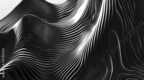 Wavy lines and shapes in black and white create an abstract composition
