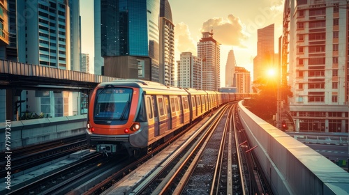 Electric train, running on the way with business office buildings on the background.