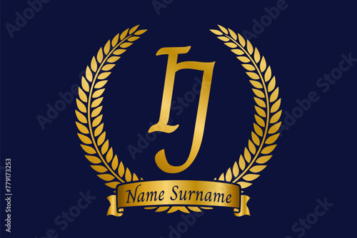 Initial letter I and J, IJ monogram logo design with laurel wreath. Luxury golden calligraphy font.