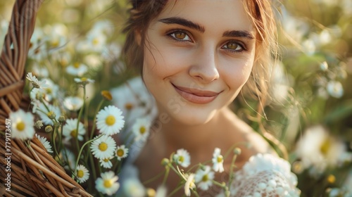 happy woman looking at the camera in a light dress and a wicker basket in her hands with chamomile flowers in nature photo