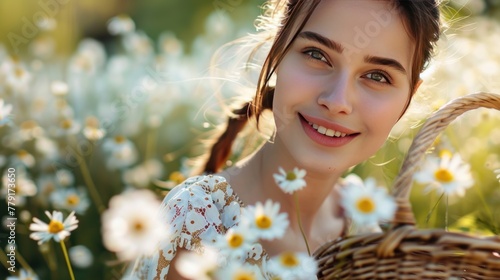 happy woman looking at the camera in a light dress and a wicker basket in her hands with chamomile flowers in nature