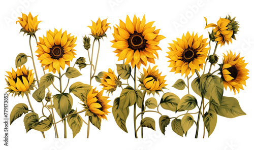 Watercolor sunflowers branch illustration set. Yellow summer flowers and green leaves branch, Floral elements