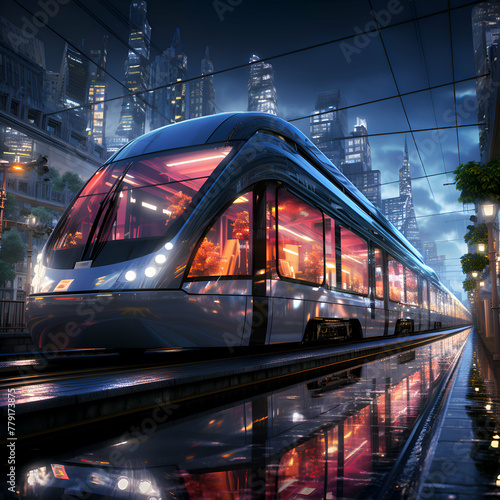 Highspeed train in the city at night. 3d rendering