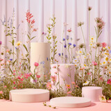 four podiums against a backdrop of delicate wildflowers on a light pink background. 3D