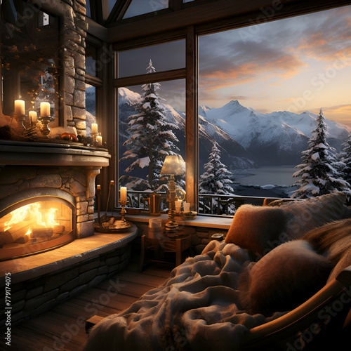 Beautiful winter landscape with a window overlooking the lake. 3d rendering