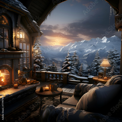 3D render of a cozy winter cottage in the mountains at sunset