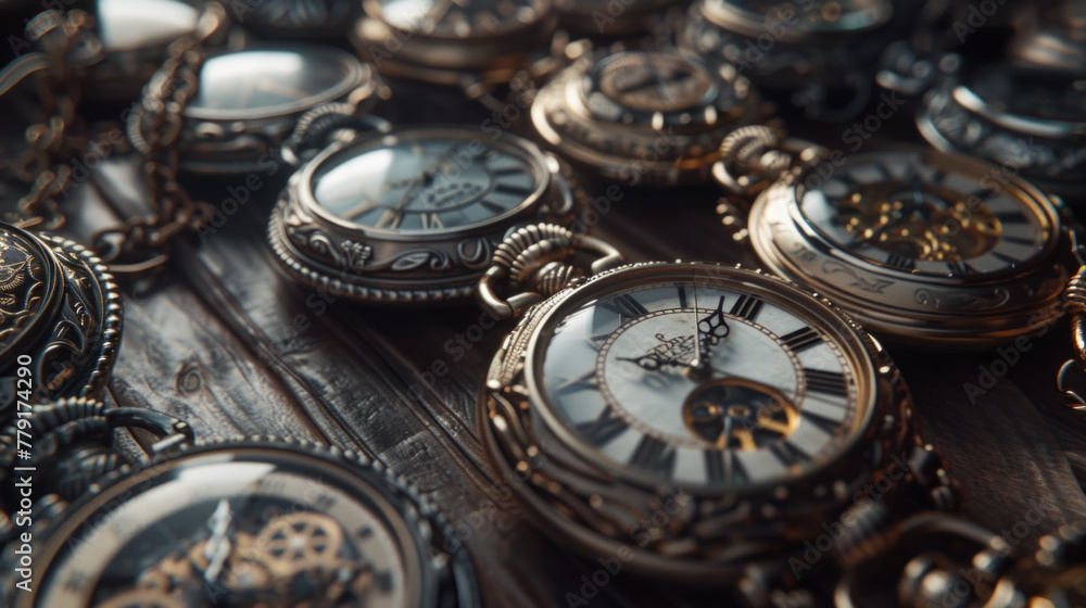 A collection of antique pocket watches, each displaying a different time
