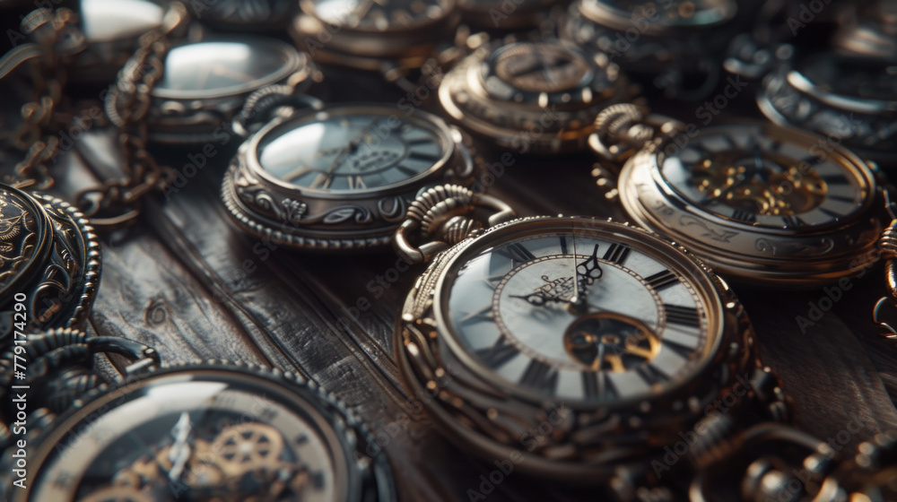 A collection of antique pocket watches, each displaying a different time A collection of antique pocket watches, each displaying a different time