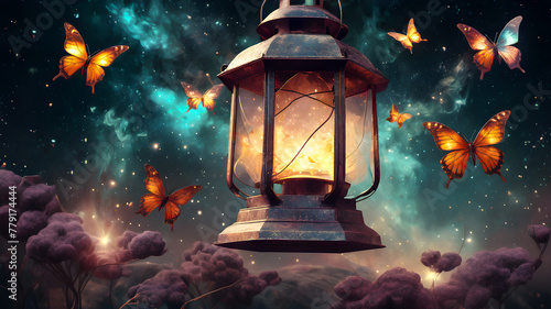 butterflies flutter around an ancient lantern. illustration  © Olena