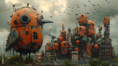 Futuristic Retro Inspired Metropolis with Airborne Machines and Mechanical Structures in a Surreal Dystopian Landscape