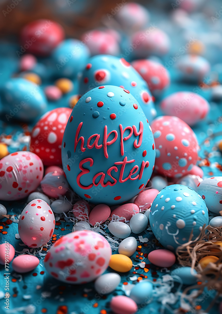 Fototapeta premium Easter greeting, Happy Easter postal card, sign Happy Easter on colorful easter template, post card size 105*148