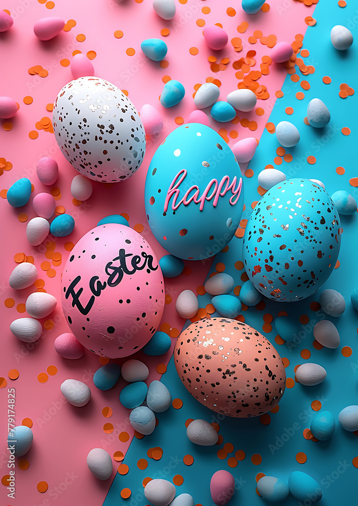 Easter greeting, Happy Easter postal card, sign Happy Easter on colorful easter template, post card size 105*148